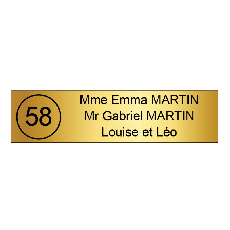 Étiquette Nom - Numéro pour boîte aux lettres personnalisée par gravure laser · 100 x 25 mm standard | 3 lignes Étiquette Nom - Numéro pour boîte aux lettres personnalisée par gravure laser · 100 x 25 mm standard | 3 lignes