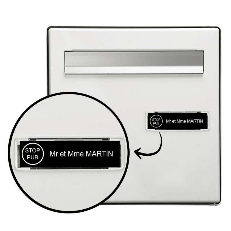 Étiquette Nom - Stop pub pour boîte aux lettres personnalisée par gravure laser · 100 x 25 mm standard | 1 ligne