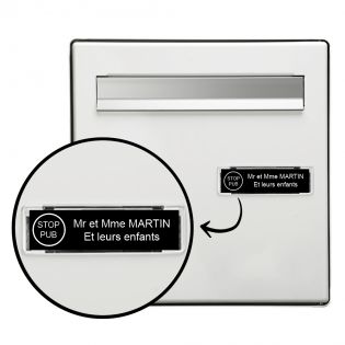 Étiquette Nom - Stop pub pour boîte aux lettres personnalisée par gravure laser · 100 x 25 mm standard | 2 lignes