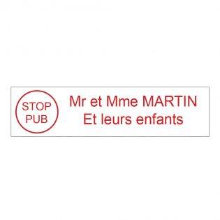 Étiquette Nom - Stop pub pour boîte aux lettres personnalisée par gravure laser · 100 x 25 mm standard | 2 lignes