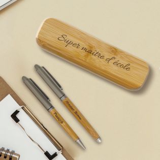 Stylos + Étui personnalisés par gravure · Gravure Bambou française · Cadeau Maître d'école