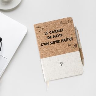 Carnet de note Super Maître · Cadeau fin d'année école original · Couverture en liège personnalisée + stylos
