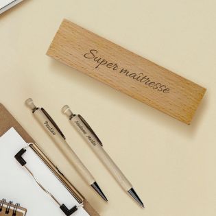 Stylo bille & critérium + Étui personnalisés par gravure · Bois d'érable · Cadeau Maîtresse fin d'année