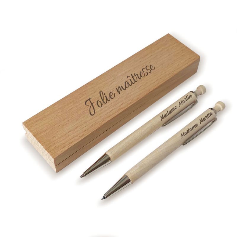 Stylo bille & critérium + Étui personnalisés par gravure · Bois d'érable · Cadeau Maîtresse fin d'année Stylo bille & critérium + Étui personnalisés par gravure · Bois d'érable · Cadeau Maîtresse fin d'année