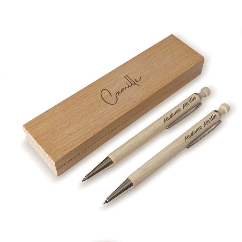 Étui + stylo bille & critérium personnalisés | Bois d'érable Étui + stylo bille & critérium personnalisés | Bois d'érable