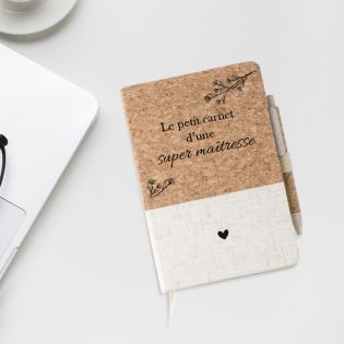 Carnet de note Super Maîtresse · Cadeau fin d'année scolaire · Couverture  en liège personnalisée + stylos