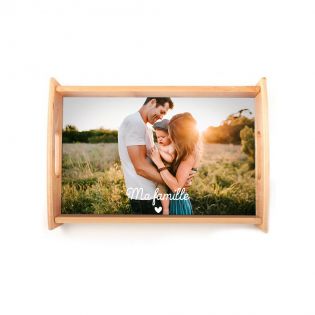 Plateau repas en bois clair personnalisable avec texte et photo · 35 x 25 cm