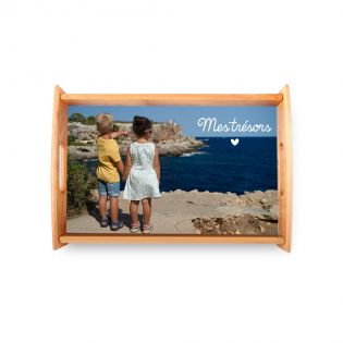 Plateau repas en bois clair personnalisable avec texte et photo · 35 x 25 cm