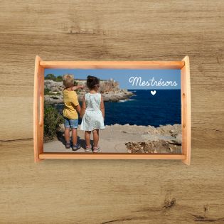 Plateau repas en bois clair personnalisable avec texte et photo · 35 x 25 cm