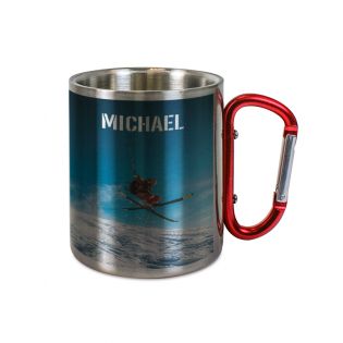 Tasse à café double paroi en inox avec Mousqueton personnalisable avec texte, photo et logo · 33 cL