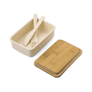 Lunch box en bambou personnalisable avec prénom + couverts · Modèle Arc-en-ciel 