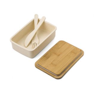 Lunch box en bambou personnalisable avec prénom + couverts · Modèle Arc-en-ciel 