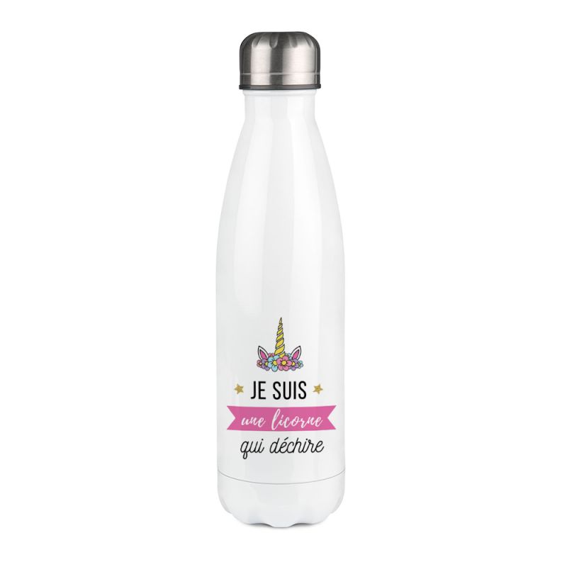 Gourde isotherme Licorne personnalisable avec Prénom - Inox, 50 cL -  Personnalisé en France - Idée cadeau petite fille