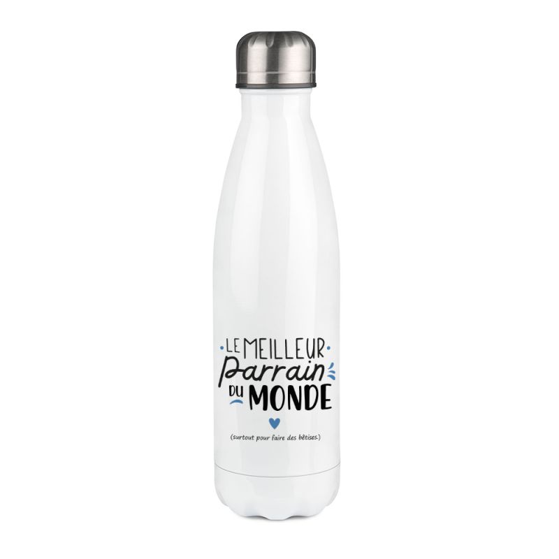 Bouteille isotherme personnalisable prénom - Inox, 50 cL - Modèle Meilleur Parrain du monde - Cadeau Noël pour son Parrain