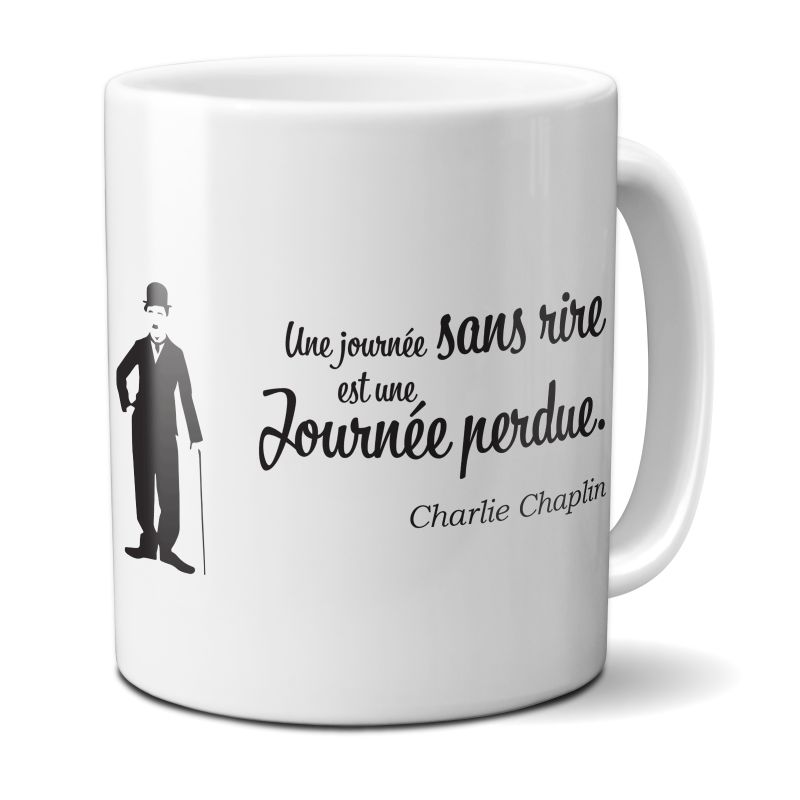 Mug citation Charlie Chaplin "Une journée sans rire est une journée de perdue" - 33 cl, céramique - Imprimé en France Mug citation Charlie Chaplin "Une journée sans rire est une journée de perdue" - 33 cl, céramique - Imprimé en France