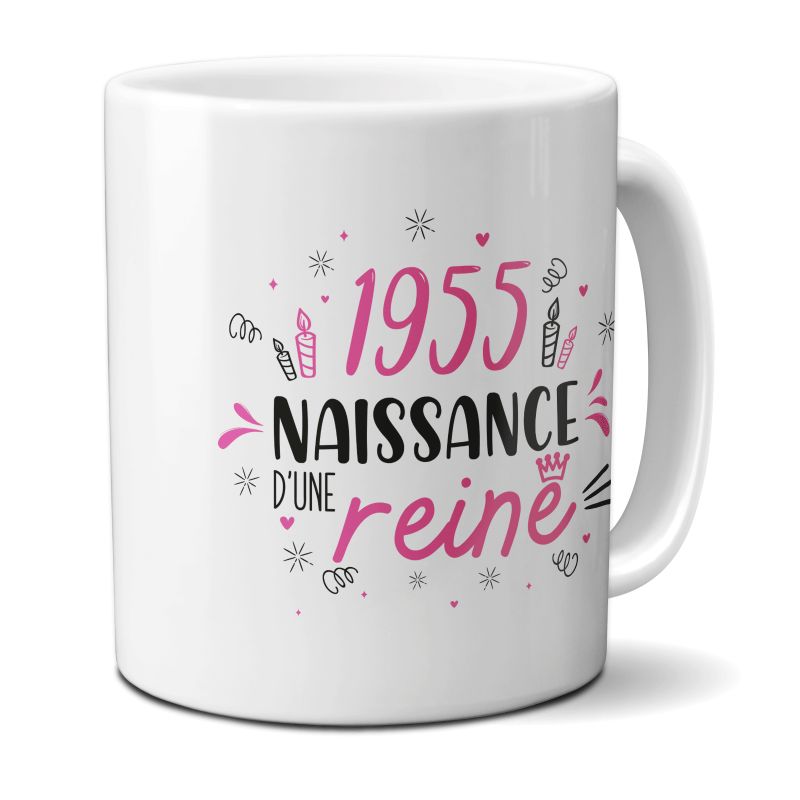 Mug anniversaire 1955 - Naissance d'une Reine - 33 cl, céramique - Imprimé en France Mug anniversaire 1955 - Naissance d'une Reine - 33 cl, céramique - Imprimé en France