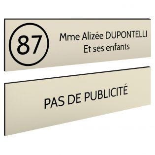 Plaque boîte aux lettres Decayeux NOM - NUMÉRO + Plaque STOP PUB | 2 lignes
