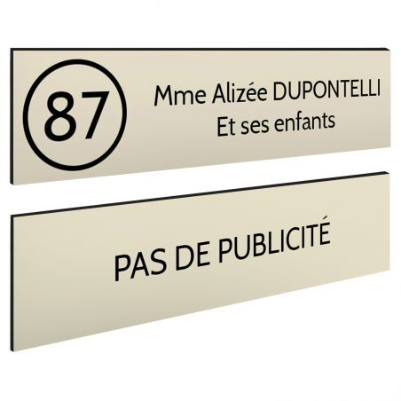 Plaque boîte aux lettres Decayeux NOM - NUMÉRO + Plaque STOP PUB | 2 lignes