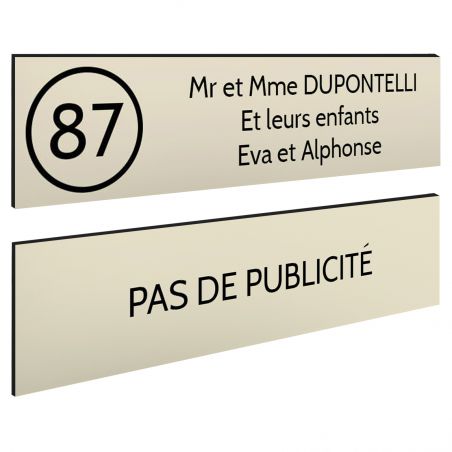 Plaque boîte aux lettres Decayeux NOM - NUMÉRO + Plaque STOP PUB | 3 lignes