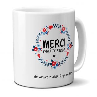 Mug personnalisable en céramique "Merci Maîtresse" avec couronne de fleurs · Idée cadeau Super Maîtresse Fin d'année scolaire 