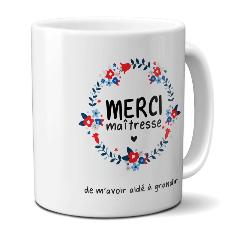 Mug personnalisable en céramique "Merci Maîtresse" avec couronne de fleurs · Idée cadeau Super Maîtresse Fin d'année scolaire Mug personnalisable en céramique "Merci Maîtresse" avec couronne de fleurs · Idée cadeau Super Maîtresse Fin d'année scolaire