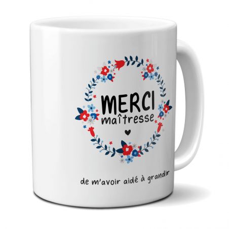 Mug personnalisable en céramique "Merci Maîtresse" avec couronne de fleurs · Idée cadeau Super Maîtresse Fin d'année scolaire 