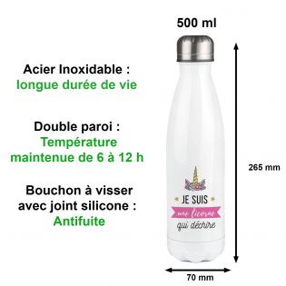 Gourde isotherme Licorne personnalisable avec Prénom - Inox, 50 cL - Personnalisé en France - Idée cadeau petite fille