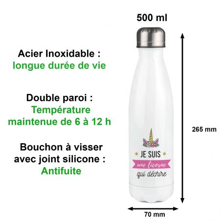 Gourde isotherme Licorne personnalisable avec Prénom - Inox, 50 cL - Personnalisé en France - Idée cadeau petite fille