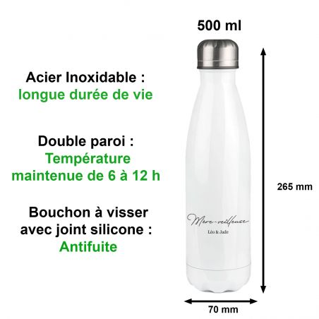 Bouteille isotherme personnalisable prénom - Inox, 50 cl - Modèle Mère-Veilleuse - Cadeau Personnalisé pour Maman