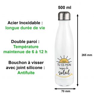 Bouteille isotherme personnalisable prénom - Inox, 50 cL - Modèle Rayon de Soleil - Cadeau Personnalisé pour son/sa chéri(e)