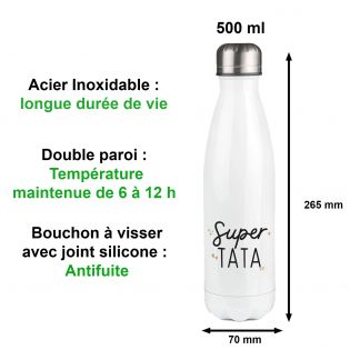 Bouteille isotherme personnalisable prénom - Inox, 50 cL - Modèle Super Tata - Cadeau Personnalisé pour sa Tante