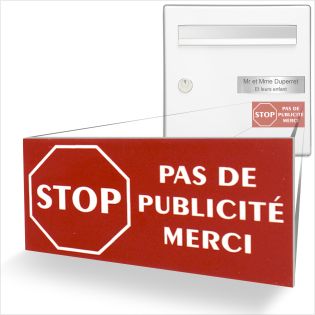etiquette boite aux lettres adhésive STOP PUB couleur rouge lettres blanches 8 x 4 cm - Gravure laser