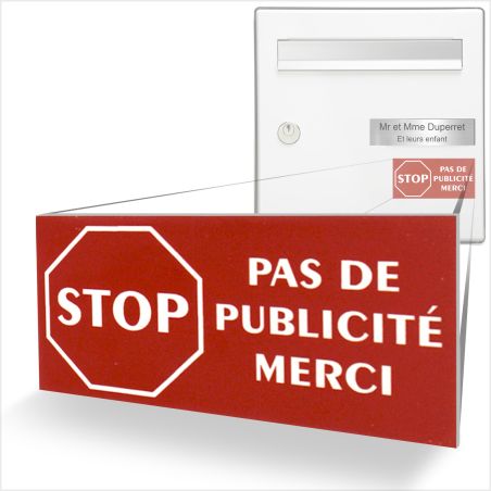 etiquette boite aux lettres adhésive STOP PUB couleur rouge lettres blanches 8 x 4 cm - Gravure laser