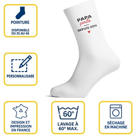 Chaussettes personnalisées Papa Poule depuis - Accessoire homme coton blanc - Texte personnalisable, tailles S M L, cadeau fête 