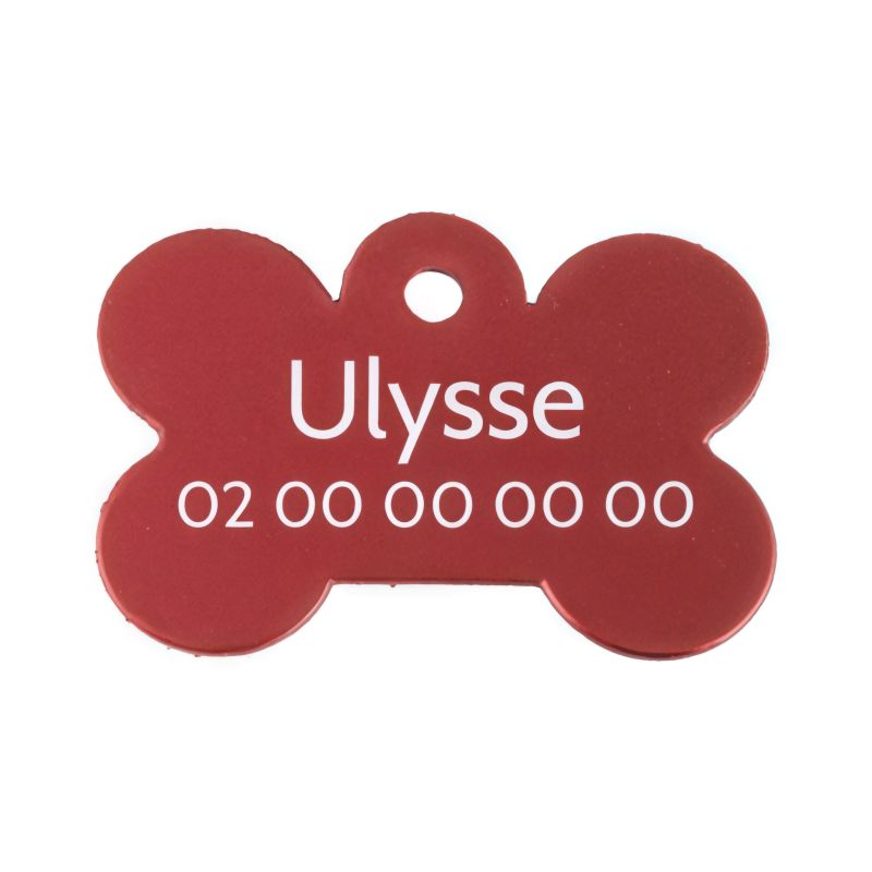 Médaille en forme d'os Rouge pour chien avec gravure personnalisée 1 à 2 lignes - Grand format 28x40 mm Médaille en forme d'os Rouge pour chien avec gravure personnalisée 1 à 2 lignes - Grand format 28x40 mm