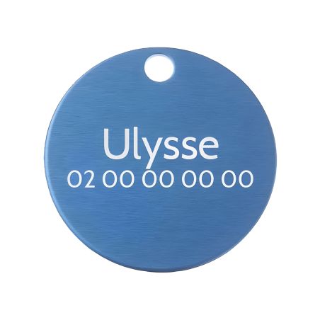Grande médaille ronde Bleue pour chien et chat avec gravure personnalisée 1 à 2 lignes - Diamètre 32 mm