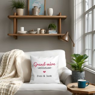 Coussin personnalisé carré 40 x 40 cm humoristique "Grand-mère veilleuse" avec prénoms – Cadeau original et décoratif