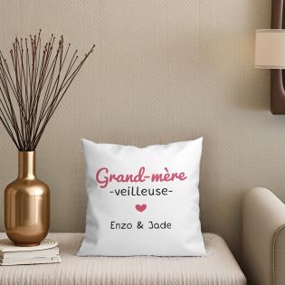 Coussin personnalisé carré 40 x 40 cm humoristique "Grand-mère veilleuse" avec prénoms – Cadeau original et décoratif