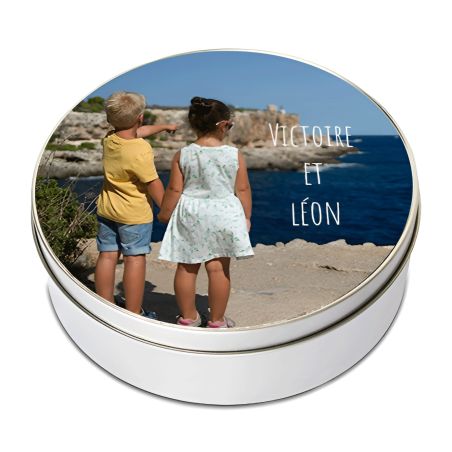 Boite ronde en métal personnalisable avec Texte et Photo - Boîte de rangement pour Thé, Café, Gâteaux