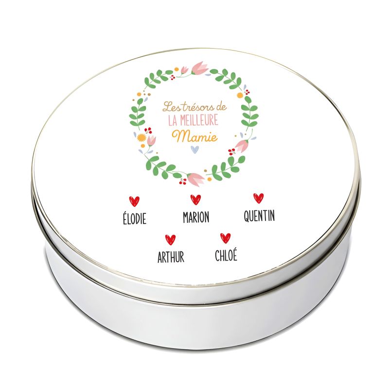 Boite de rangement ronde en aluminium Les Trésors de Mamie personnalisée Boite de rangement ronde en aluminium Les Trésors de Mamie personnalisée