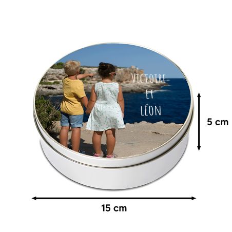 Boite ronde en métal personnalisable avec Texte et Photo - Boîte de rangement pour Thé, Café, Gâteaux
