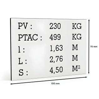 Plaque de tare blanche texte noir pour remorque caravane utilitaire - Marquage gravure laser - Plaque constructeur - 100 x 70 mm