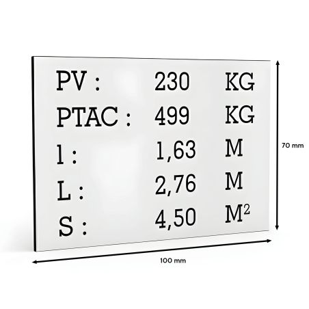 Plaque de tare blanche texte noir pour remorque caravane utilitaire - Marquage gravure laser - Plaque constructeur - 100 x 70 mm