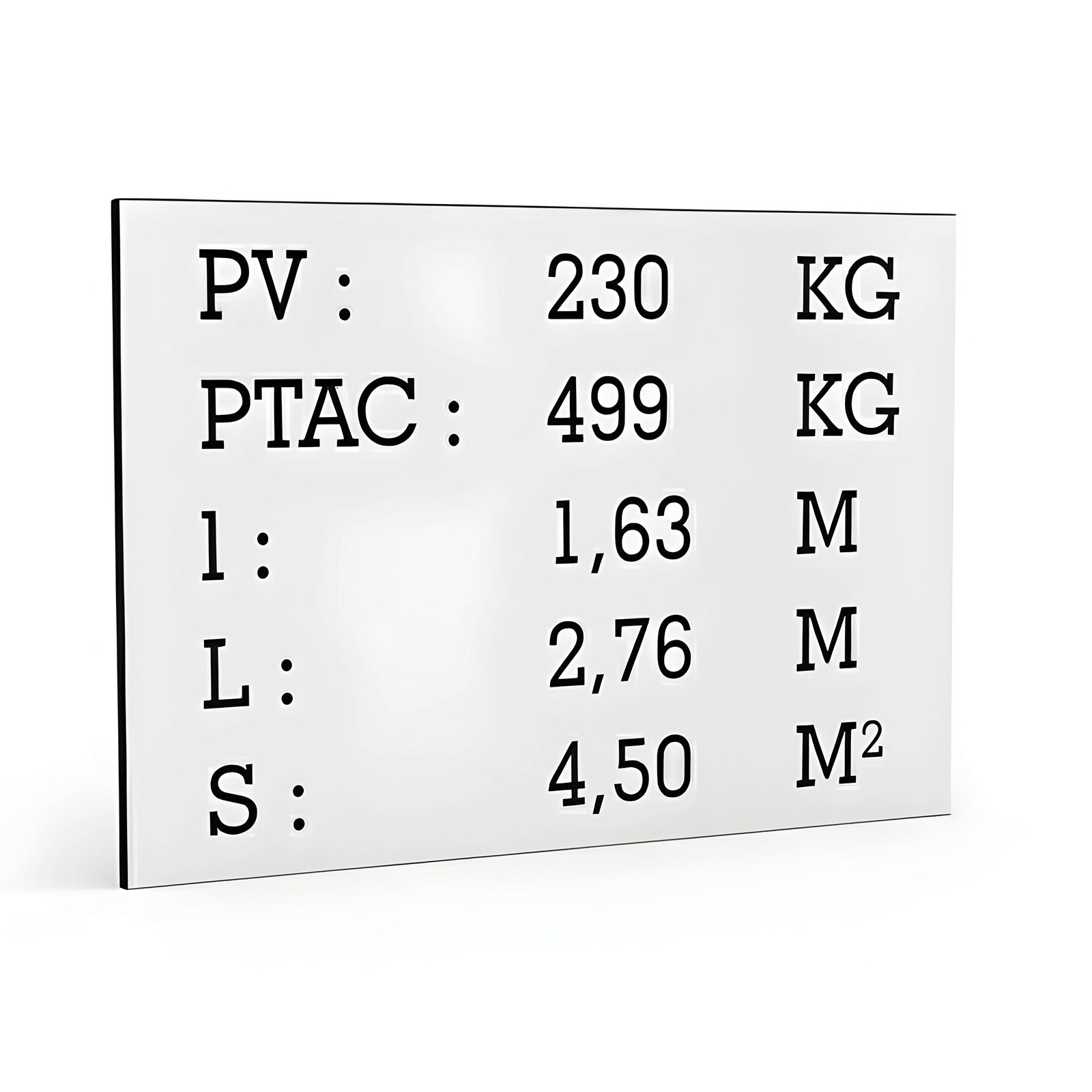 Plaque de tare blanche texte noir pour remorque caravane utilitaire - Marquage gravure laser - Plaque constructeur - 100 x 70 mm