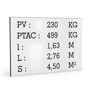 Plaque de tare blanche texte noir pour remorque caravane utilitaire - Marquage gravure laser - Plaque constructeur - 100 x 70 mm