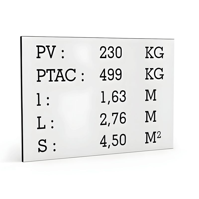 Plaque de tare blanche texte noir pour remorque caravane utilitaire - Marquage gravure laser - Plaque constructeur - 100 x 70 mm Plaque de tare blanche texte noir pour remorque caravane utilitaire - Marquage gravure laser - Plaque constructeur - 100 x 70 mm