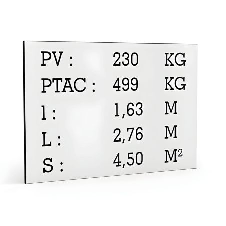 Plaque de tare blanche texte noir pour remorque caravane utilitaire - Marquage gravure laser - Plaque constructeur - 100 x 70 mm