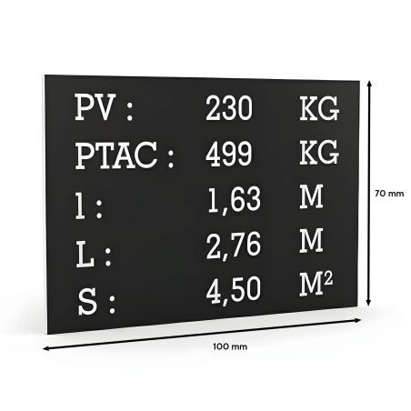 Plaque de tare noir texte blanc pour remorque caravane utilitaire - Marquage gravure laser - Plaque constructeur- 100 x 70 mm