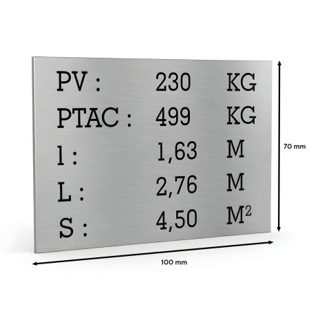 Plaque de tare argent texte noir pour remorque caravane utilitaire - Marquage gravure laser - Plaque constructeur- 100 x 70 mm