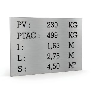 Plaque de tare argent texte noir pour remorque caravane utilitaire - Marquage gravure laser - Plaque constructeur- 100 x 70 mm